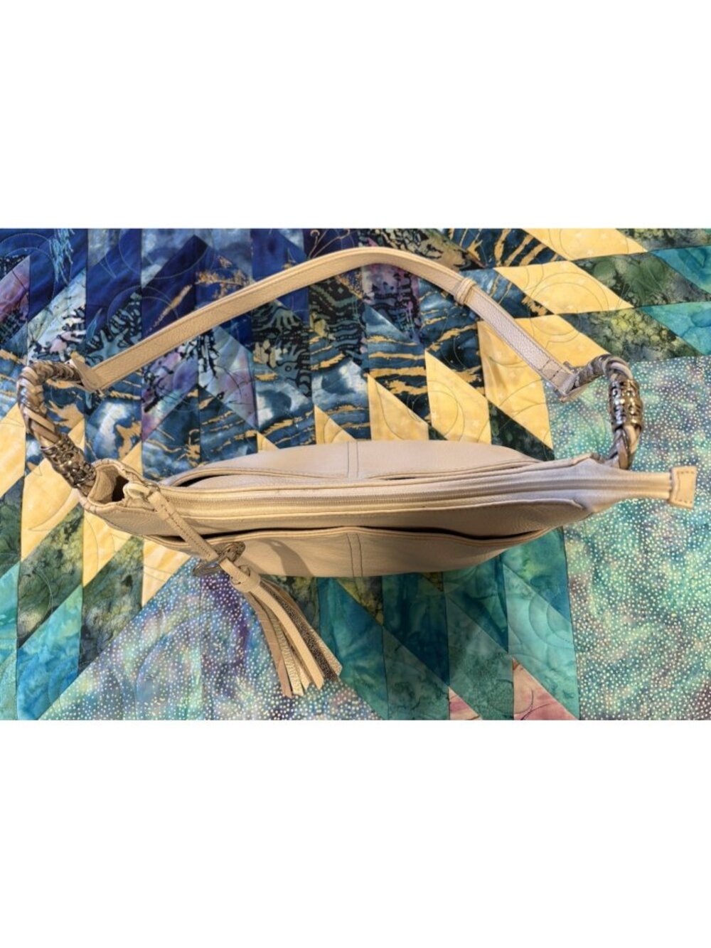 Brighton Barbados Purse Bag Beige Pebbled Braided Genuine Leather Top Zip Hobo - Picture 5 of 15